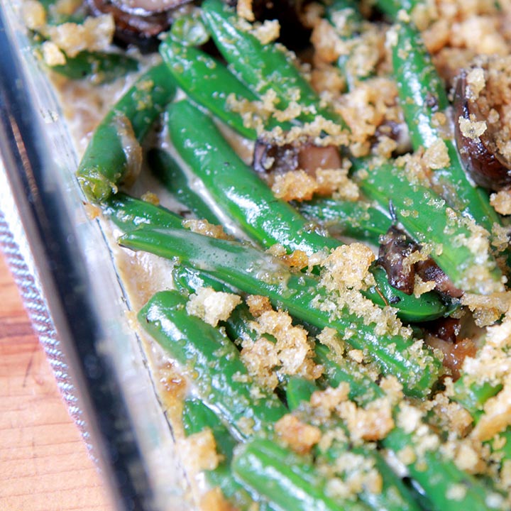 A close up view of a Keto green bean casserole