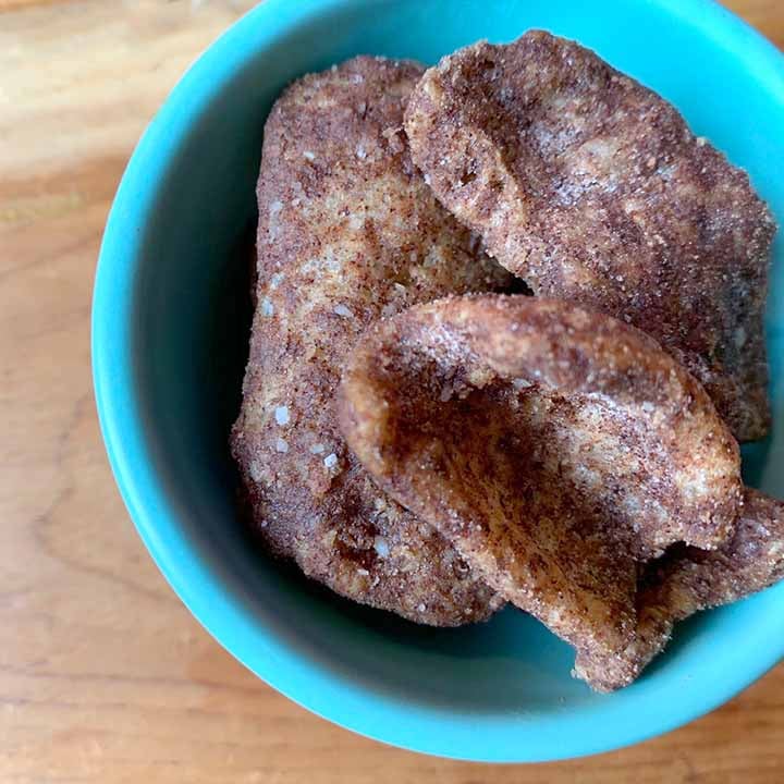 a blue bowl of gluten free low carb cinnamon twists