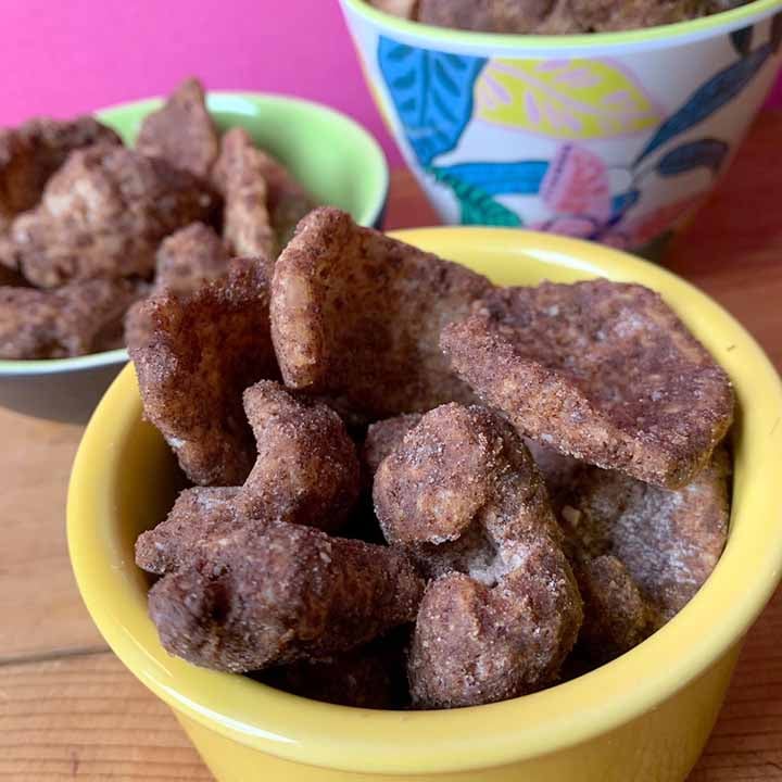 3 bowls holding sweet Keto cinnamon twists 