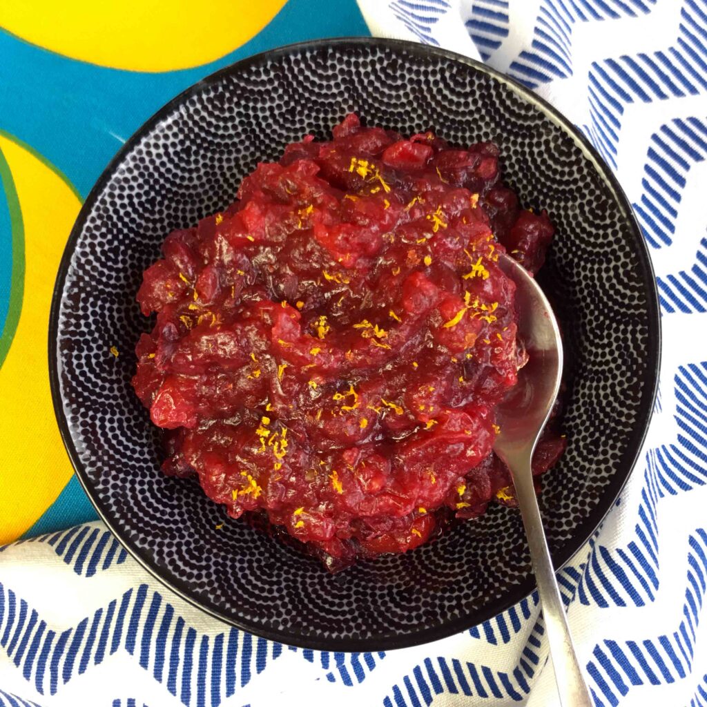 Top down view of a patterned bowl of Keto Sugar-Free Cranberry Sauce