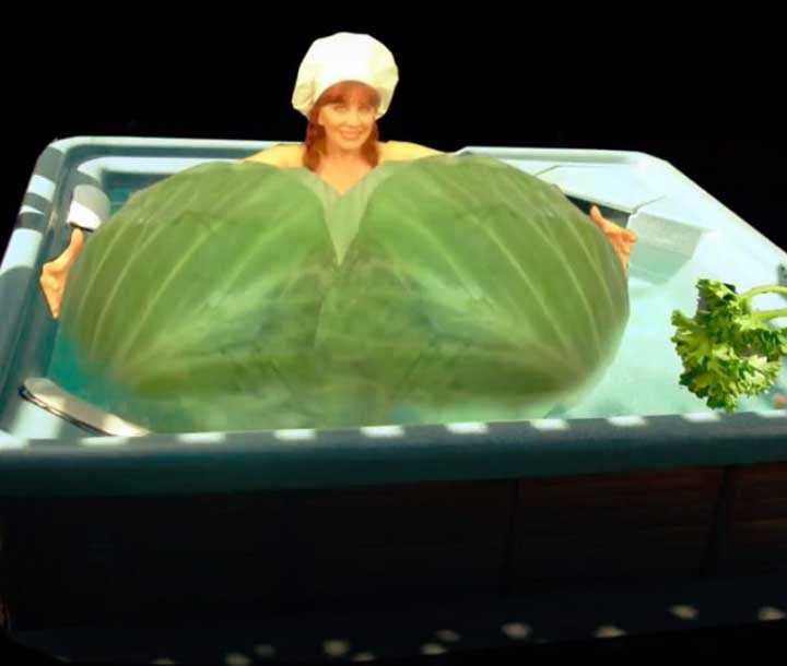 a Russian woman in a hot tub with cabbage leaves