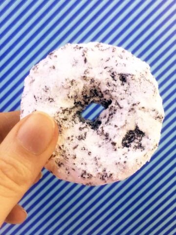 a hand holds a Keto Powdered Chocolate Donut