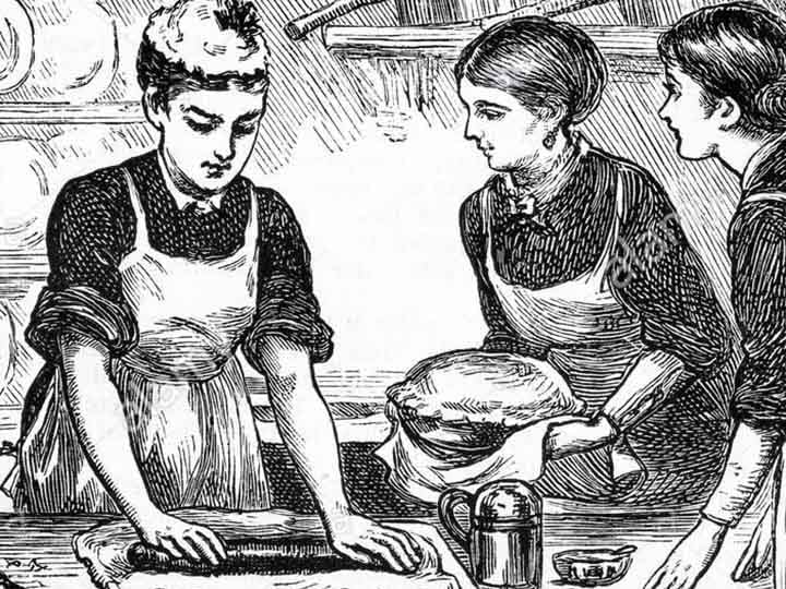 an old etching from the 1800's of women cooking in a kitchen