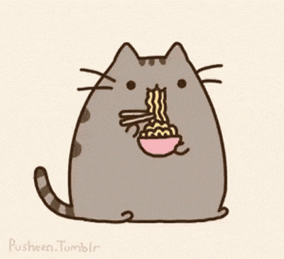 the pusheen cat eating noodles