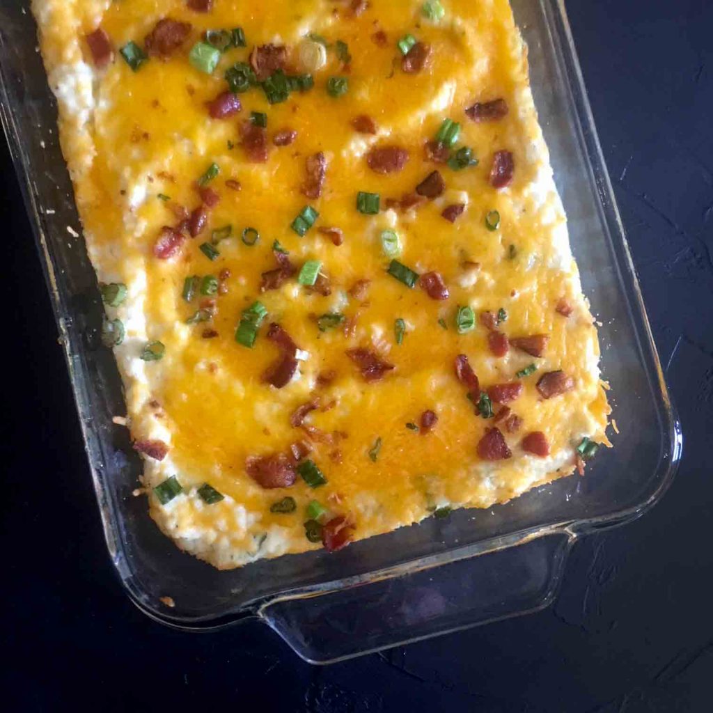 a casserole dish filled with Twice Baked Cauliflower