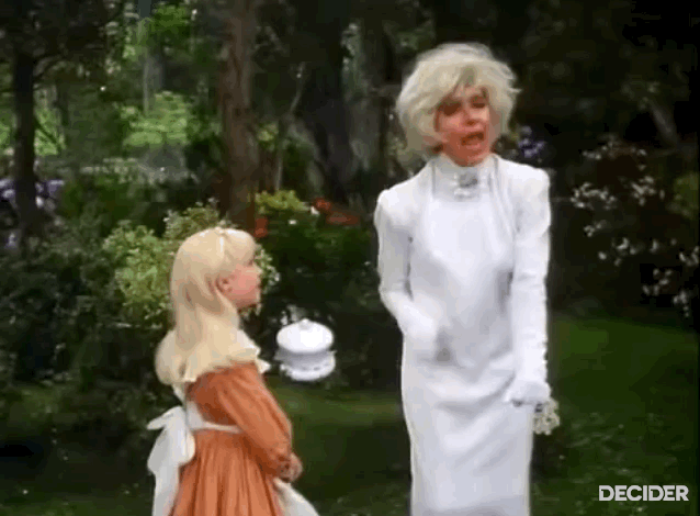 a gif of Carol Channing in Alice in the Wonderland series dancing to the Jam Tomorrow song