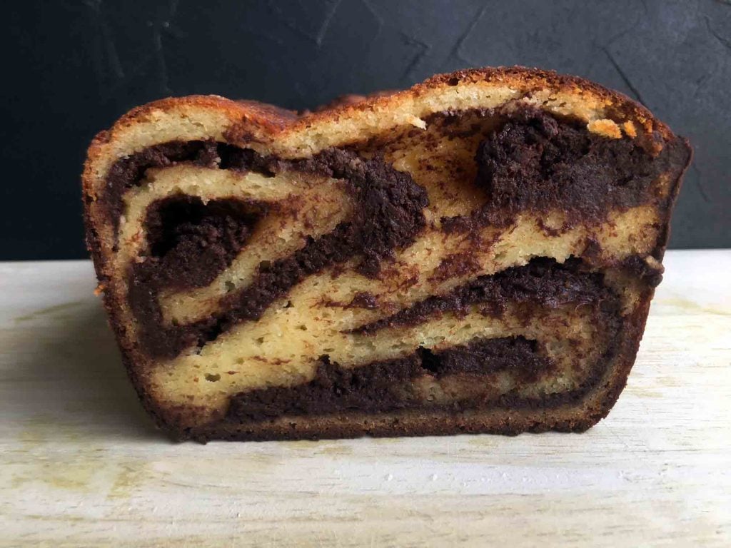 a cross section of Quick Gluten Free Chocolate Babka