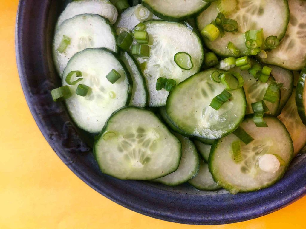 a top-down view of a keto cucumber salad