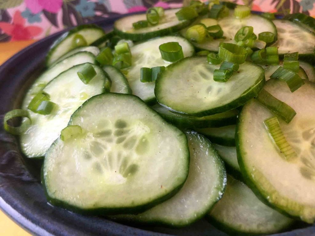 a plate of low carb cucumber salad