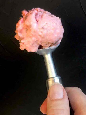a scoop of Keto Rhubarb Cobbler Ice Cream