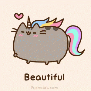 a gif of the Pusheen cat dressed as a unicorn that says Beautiful