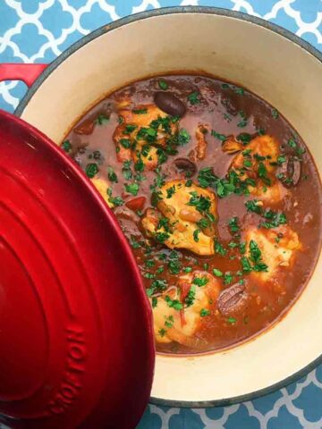 a pan of Keto Chicken Puttanesca