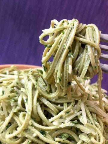 a forkful of Keto Edamame Pasta with Pesto Sauce