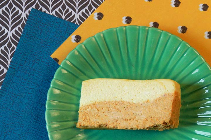 a lice of low carb pumpkin cheesecake against many different patterns