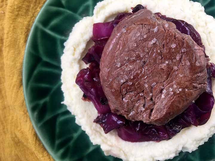 Low Carb Keto Filet Mignon with Braised Cabbage and cauliflower Puree