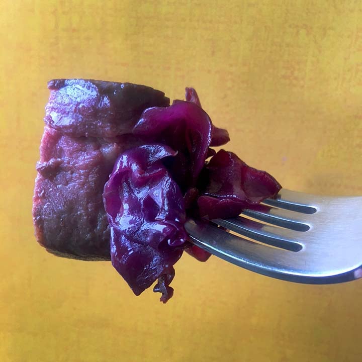 Low Carb Keto Filet Mignon with Braised Red Cabbage and Cauliflower Puree