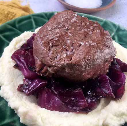 Low Carb Keto Filet Mignon with Braised Red Cabbage and Cauliflower Puree