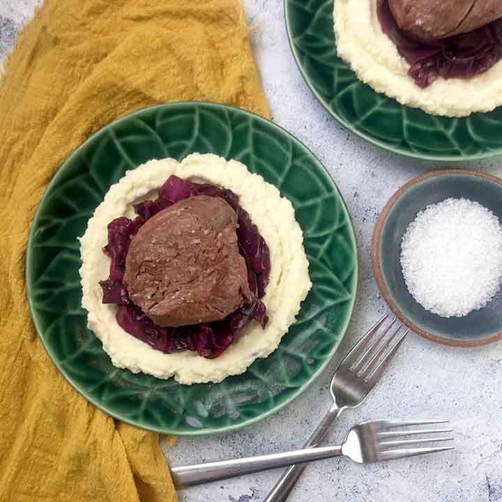 Low Carb Keto Filet Mignon with Braised Cabbage and Cauliflower Puree