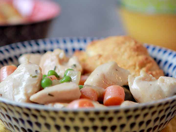 A side view of a patterned bowl holding low carb chicken pot pie