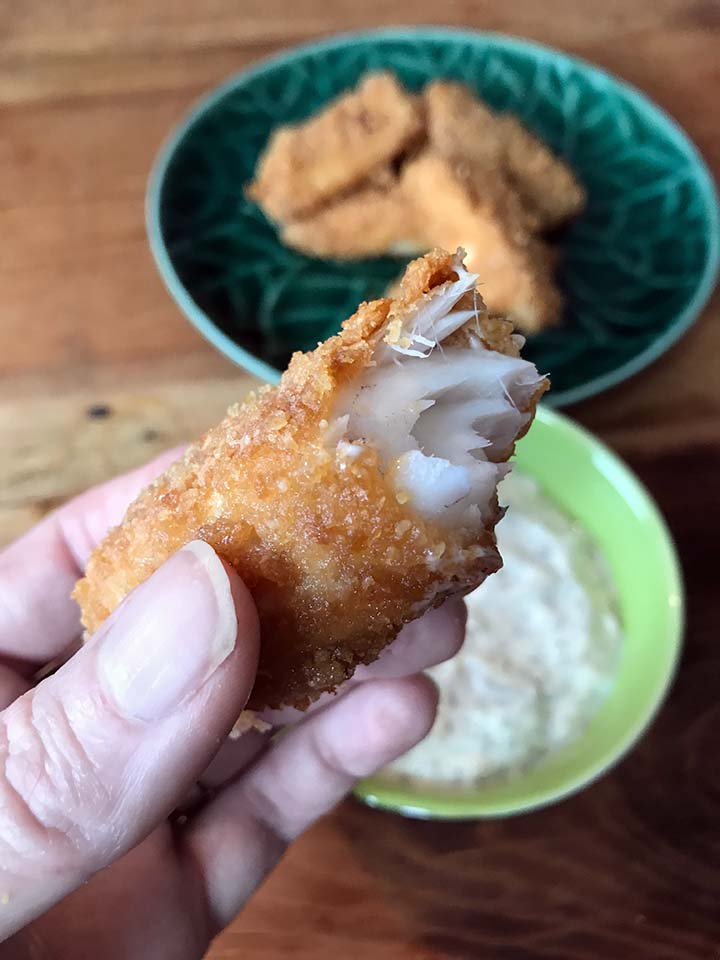 a hand holds a Keto Fish Stick