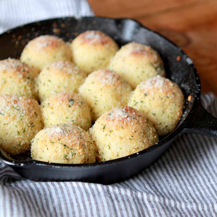 Fathead garlic bread in a cast iron skillet.