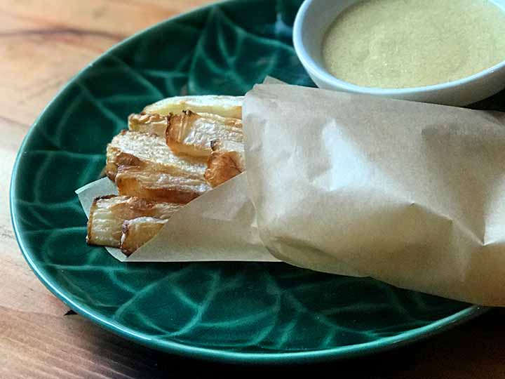 Keto Daikon Radish Gravy Fries on a green plate