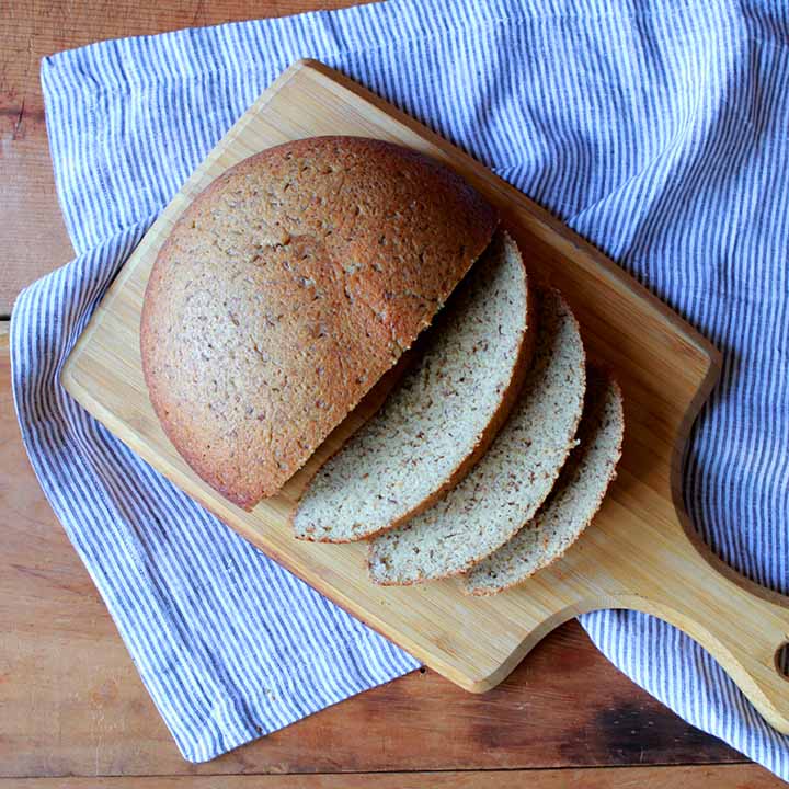 a top down view of a loaf of sliced Keto rye bread