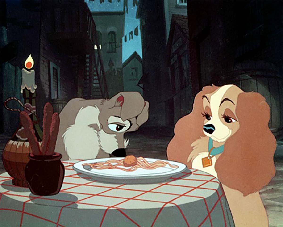 the spaghetti scene from Lady and the Tramp