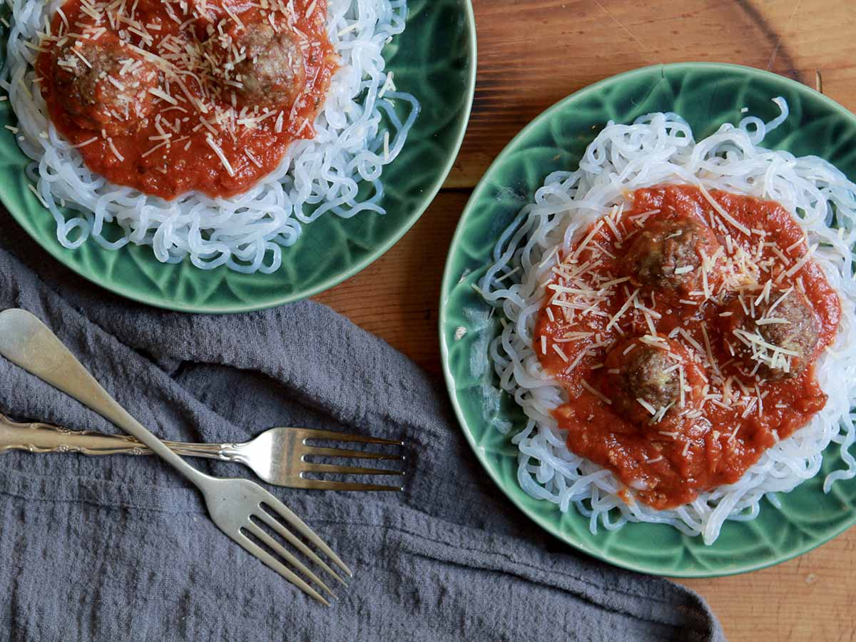 two plates of Shirataki Spaghetti and Meatballs