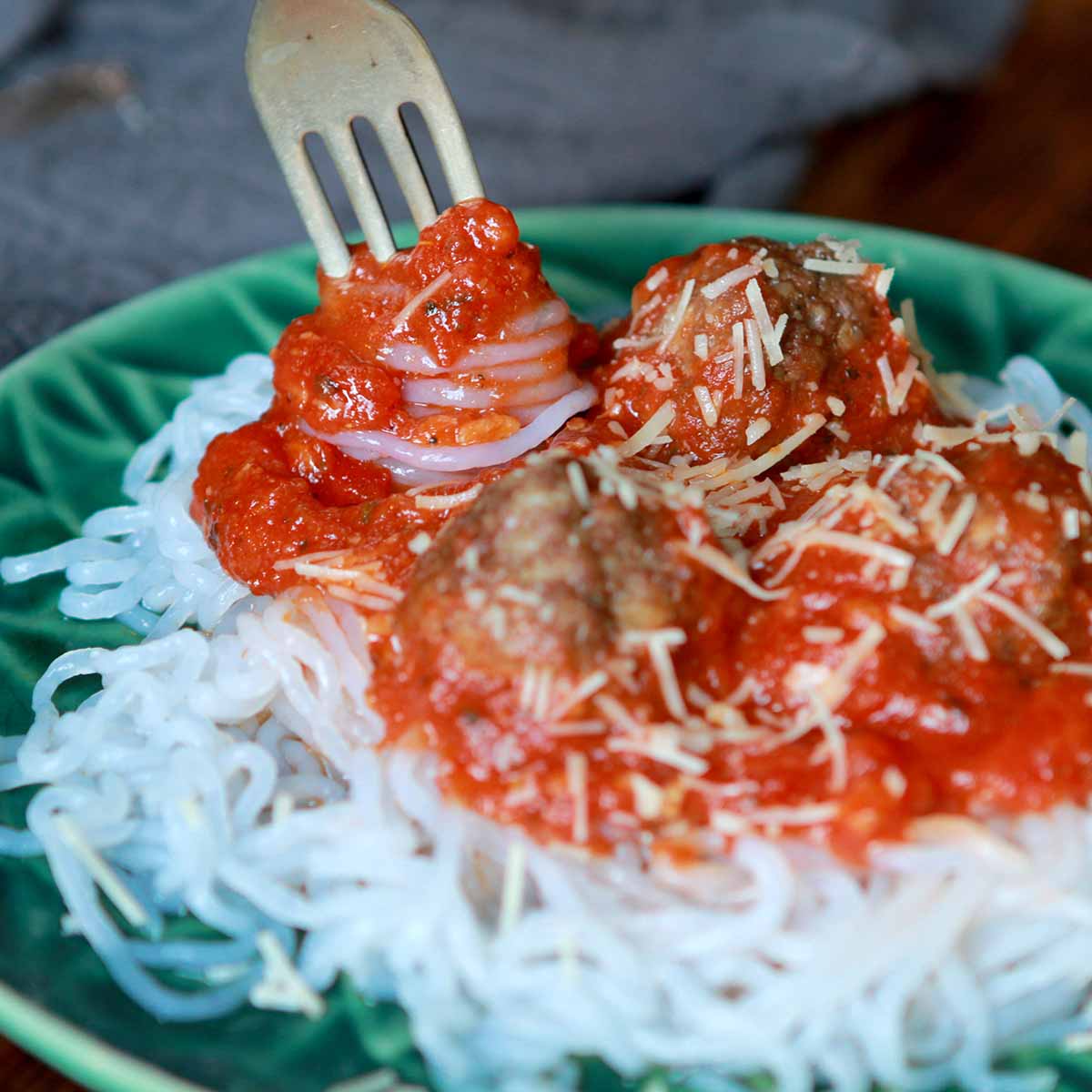 a fork twirls some Keto Spaghetti and Meatballs