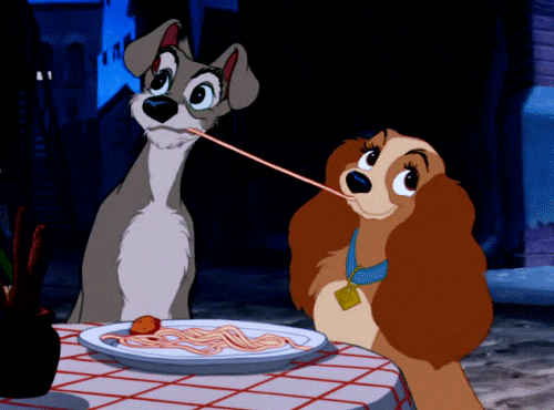 a gif of the Lady and the Tramp kissing over spaghetti