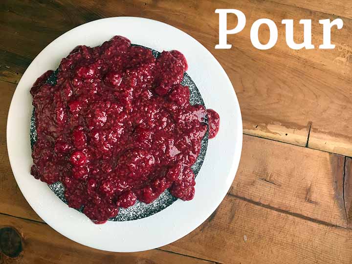 Step 10 pour raspberry sauce over low carb chocolate box cake