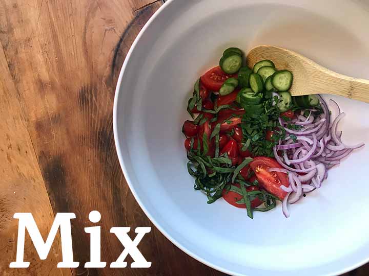 Step 3 Mix ingredients for Panzanella Italian Bread Salad