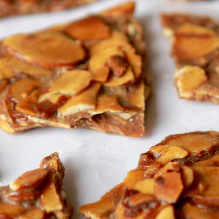 Pieces of low carb almond brittle bark