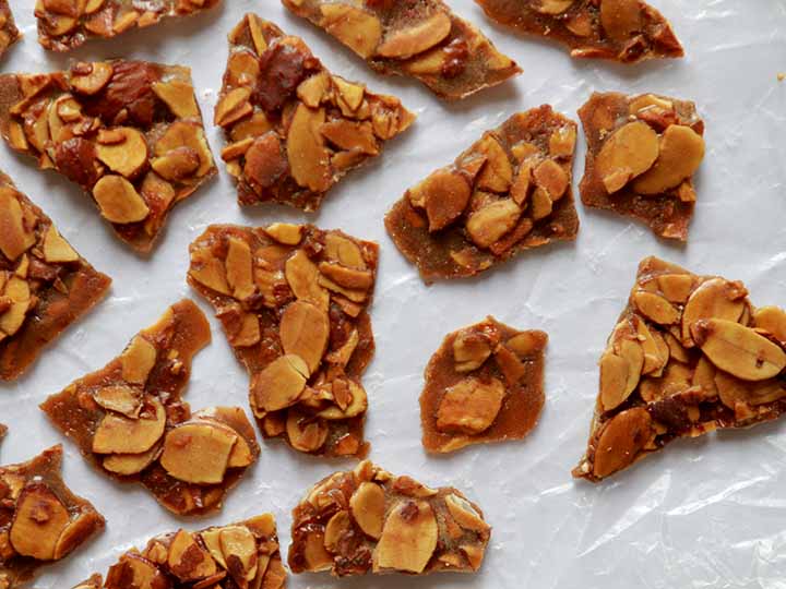 Pieces of keto almond brittle bark