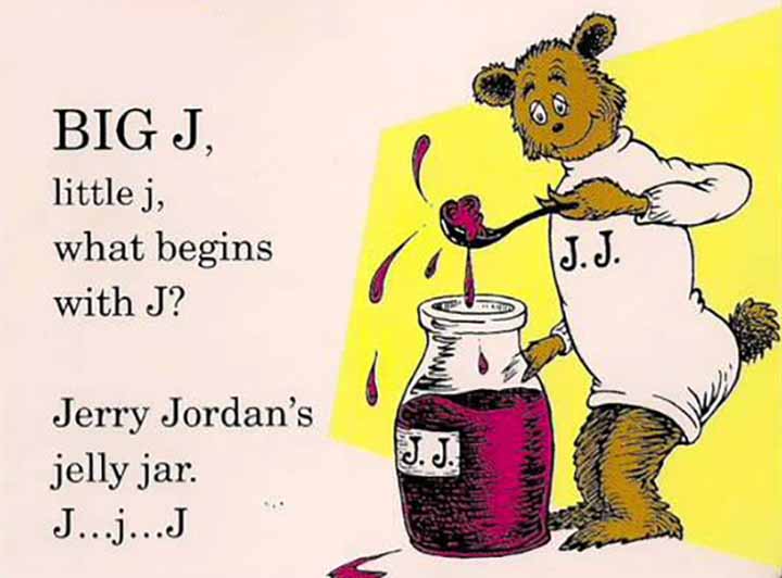 A page from Dr. Seuss's ABC's about Jerry Jordan's Jelly Jar