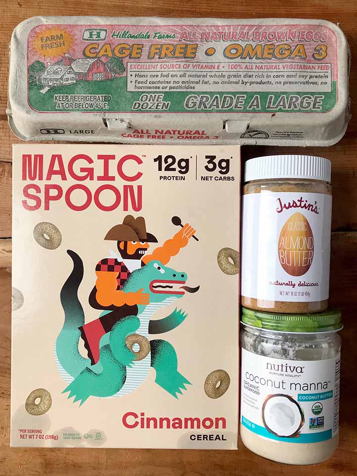 Ingredients: eggs, almond butter, coconut butter and Magic Spoon cinnamon cereal