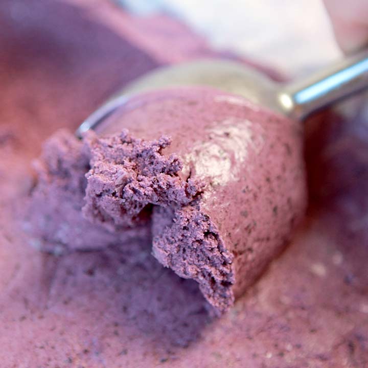 a close up of an ice cream scoop scooping up some Keto blueberry ice cream