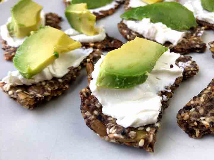 Flaxseed Crackers with cream cheese and avocado