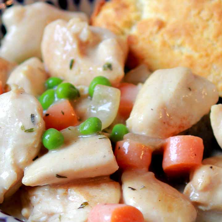 Close up image of the filling for Keto chicken pot pie