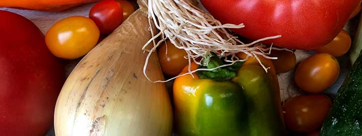 close up image of a tomato, bell peppers cucumbers and green onions