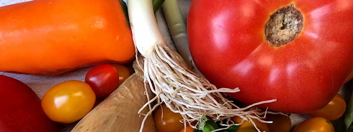 close up image of a tomato, bell peppers cucumbers and green onions