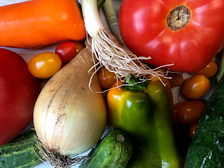 close up image of a tomato, bell peppers cucumbers and green onions