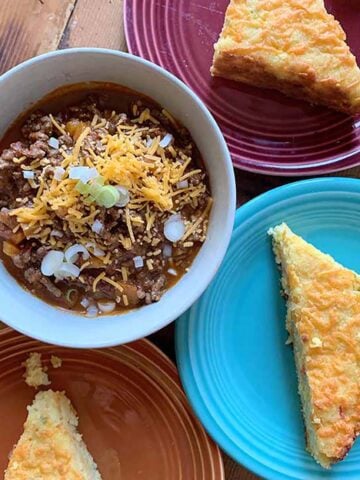 a bowl full of Keto Chili Con Carne with Cornbread