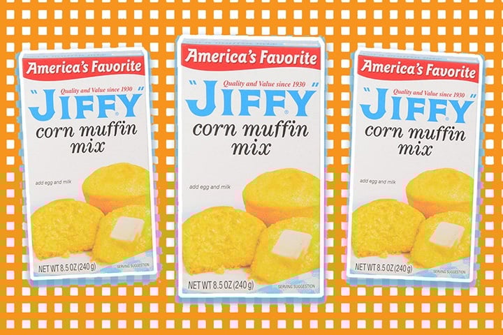3 boxes of Jiffy Mix against a orange checkered background