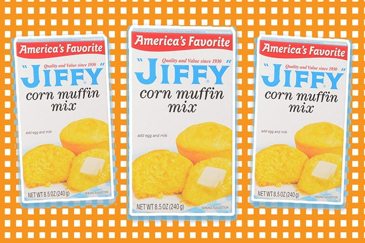 3 boxes of Jiffy Mix against a orange checkered background