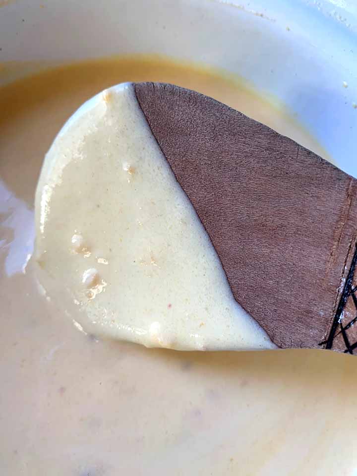 a close up shot of a wooden spoon scooping up Keto Mexican cheese sauce