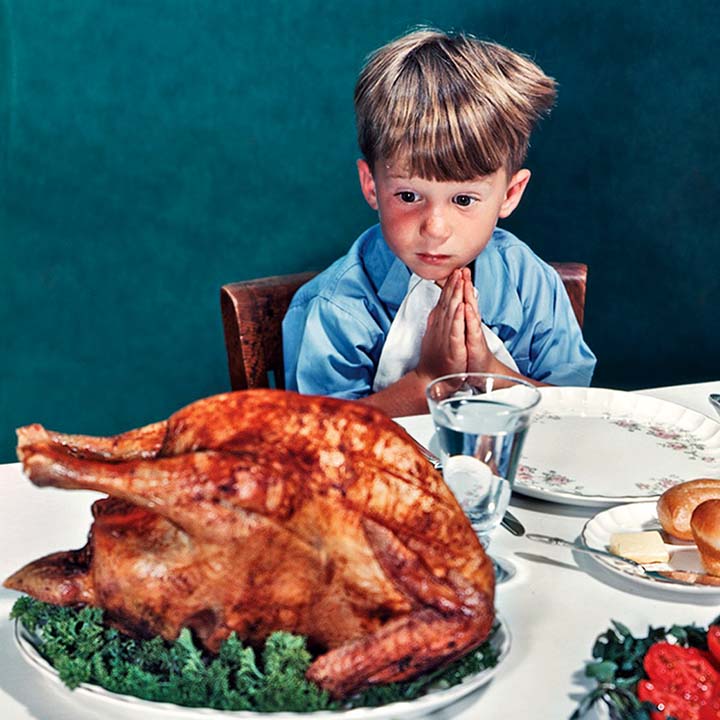 a norman Rockwell painting of a boy looking at a turkey