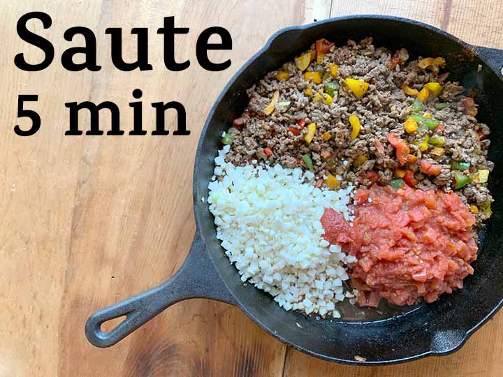 step 5 saute the cauliflower rice, tomatoes, and ground beef mixture