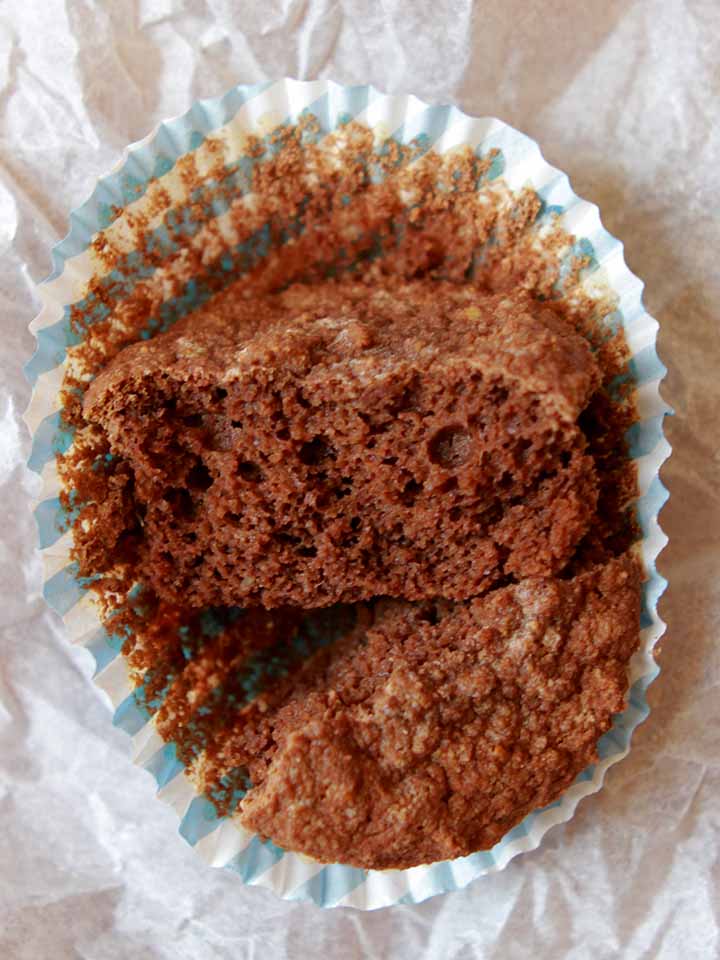 a half eaten low carb chocolate muffin in a muffin wrapper